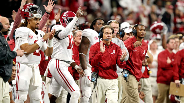 Jan 8, 2018; Atlanta, GA, USA; Alabama Crimson Tide head coach Nick Saban reacts during the third quarter against the Georgia Bulldogs in the 2018 CFP national championship college football game at Mercedes-Benz Stadium. Mandatory Credit: Jason Getz-USA TODAY Sports